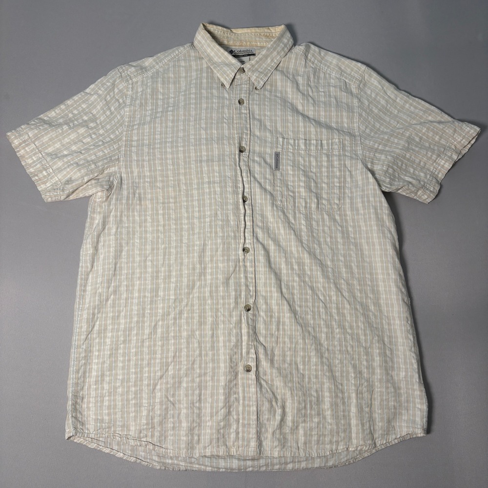Columbia Mens Tan Blue Plaid Short Sleeve Cotton Button Down Shirt AM7880 Large